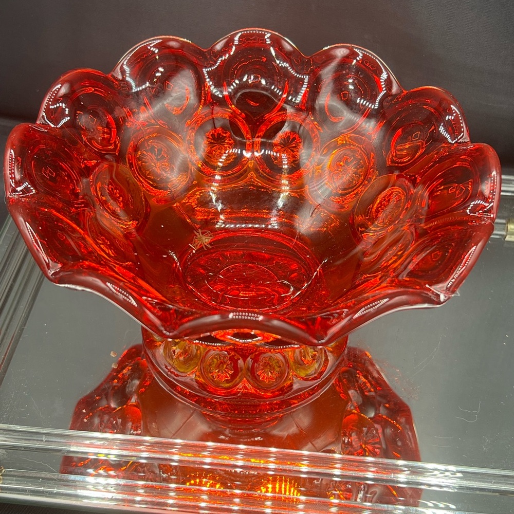 Vintage LE Smith Moon & Stars Ruby Red & Amberina Glass Footed Bowl ~ GLOWS - Picture 4 of 10
